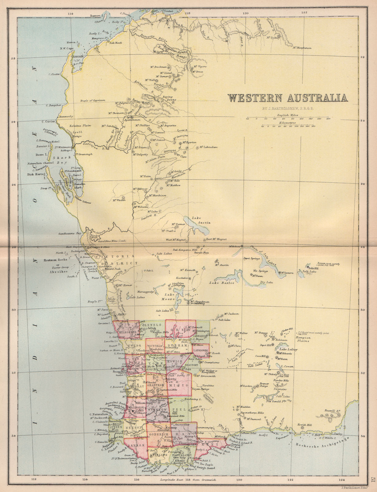 WESTERN AUSTRALIA. State map showing only 26 counties. Perth 1878 old